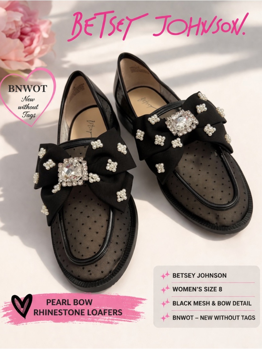 Betsey Johnson Seth Pearl Bow Mesh Loafers Rhinestone Flats Black Women’s 8